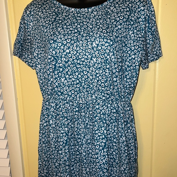 Tickled Teal Gathered Waist Side Pocket Penelope Dress Blue White Floral Size L - Picture 5 of 11